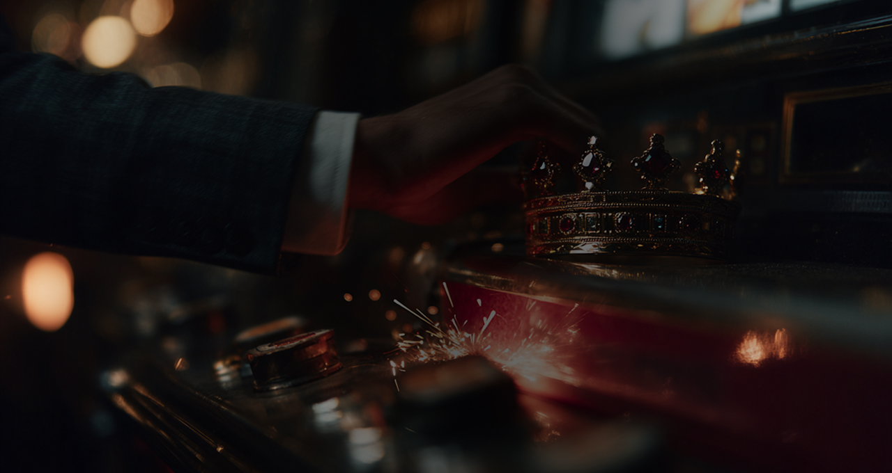 Mano accanto a una corona e ai comandi di una slot